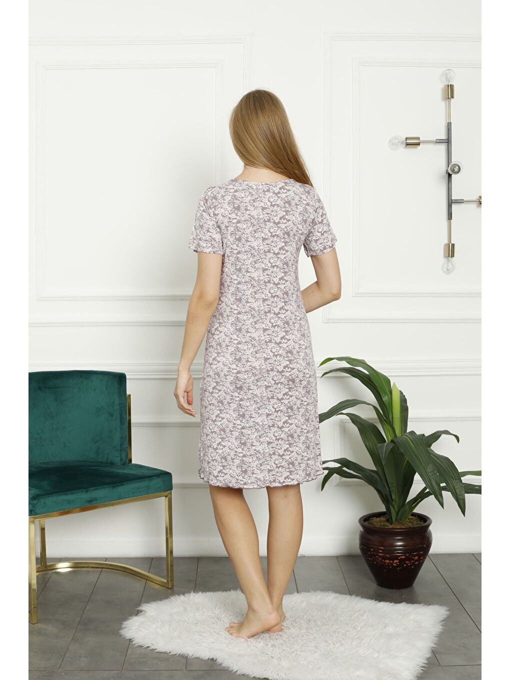 Mor Desenli Kısa Kollu Dantelli Elastanlı Viskon Gecelik-5