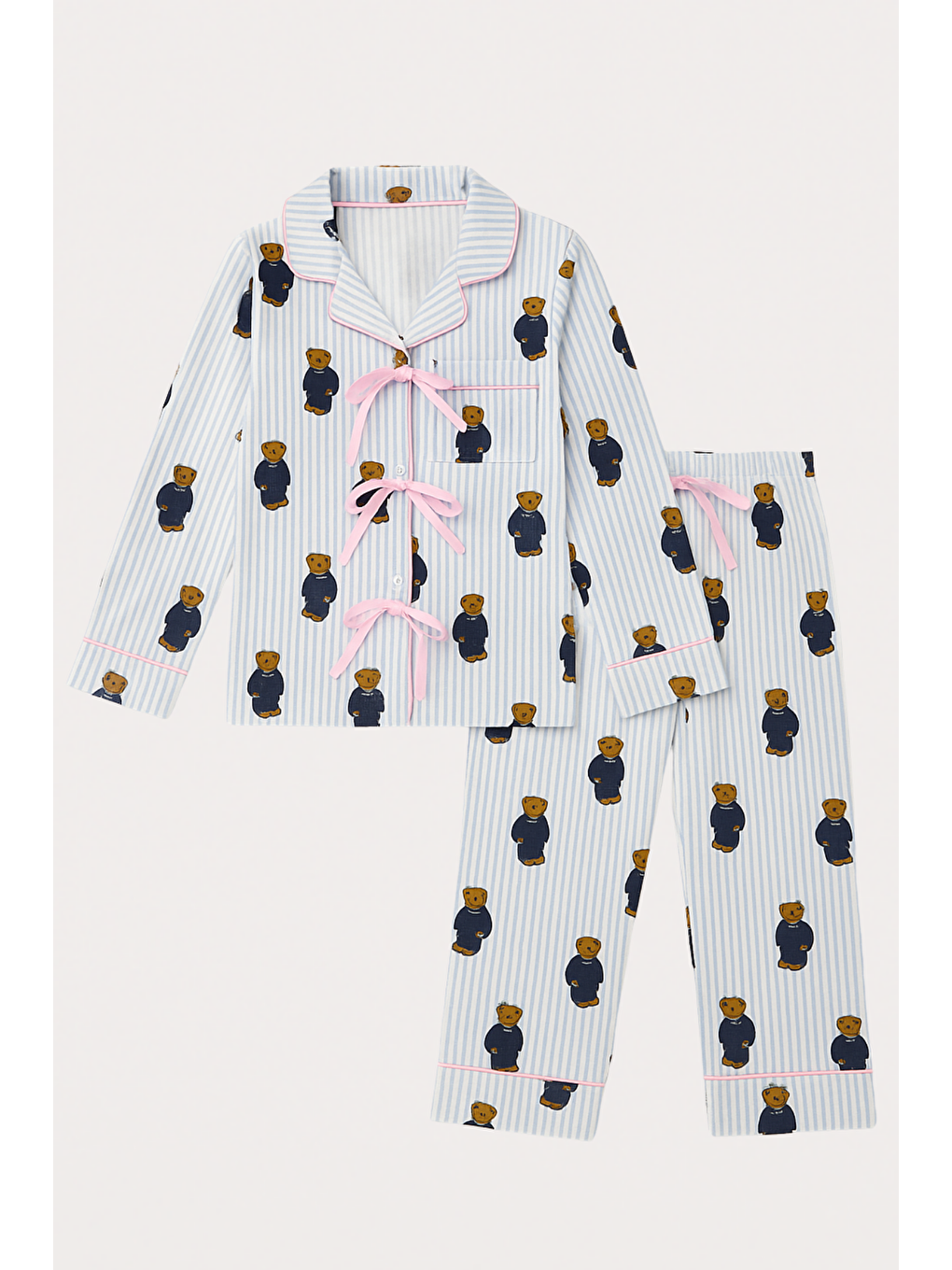 Kadın Teddy Desenli Cepli Pijama Takımı Mavi