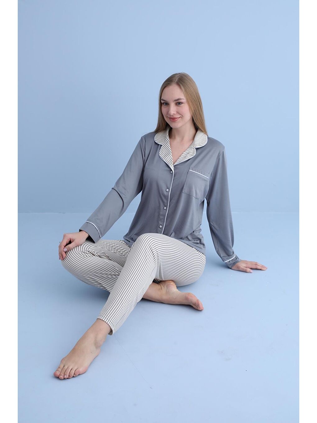Kadın Milan Genç Önden Düğmeli Pijama Takımı | Gri 50904-1231-1
