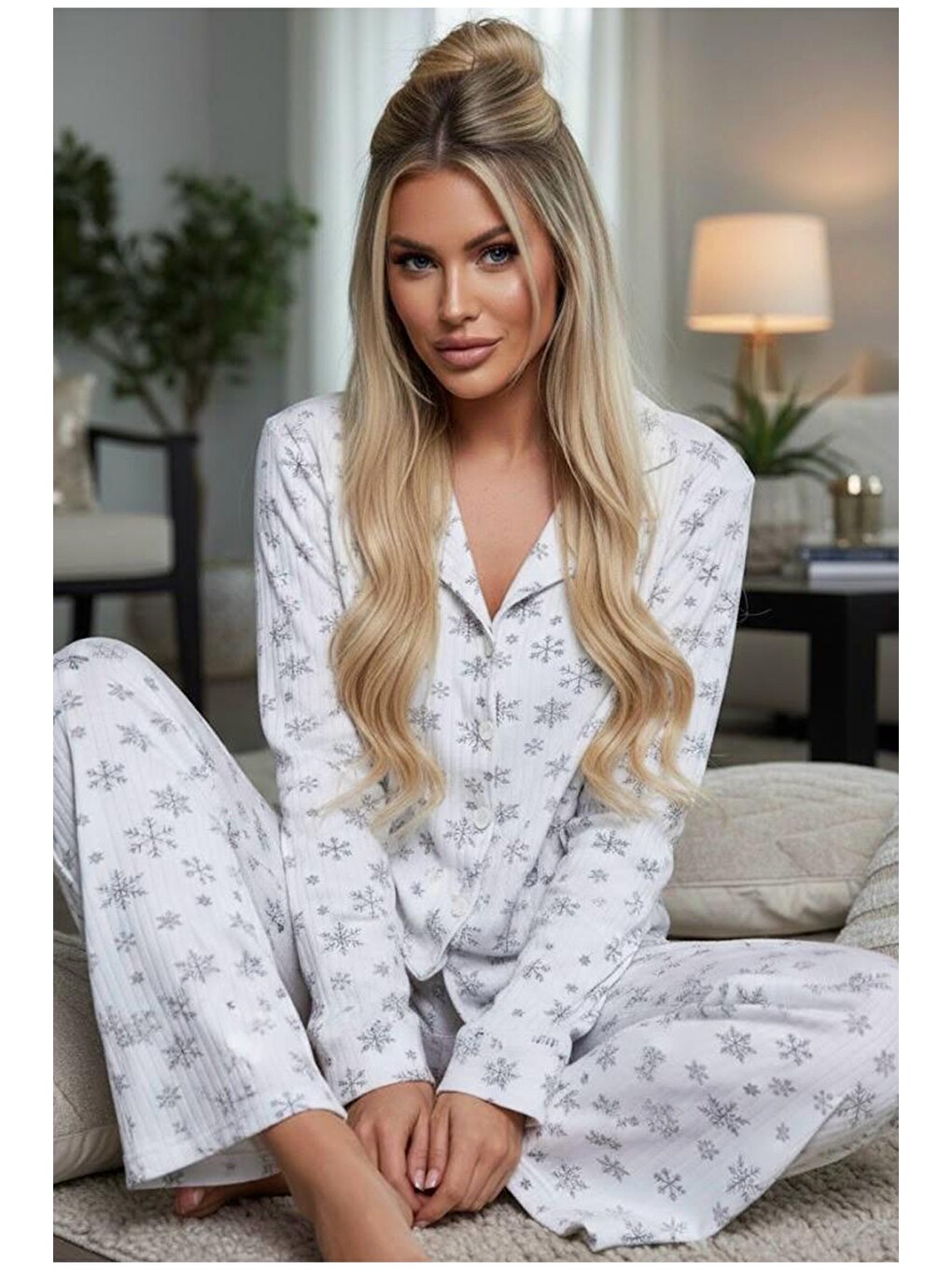 Beyaz Yumuşak Tuşe Kışlık Fitilli Düğmeli Pamuklu Örme Pijama Takım 7980