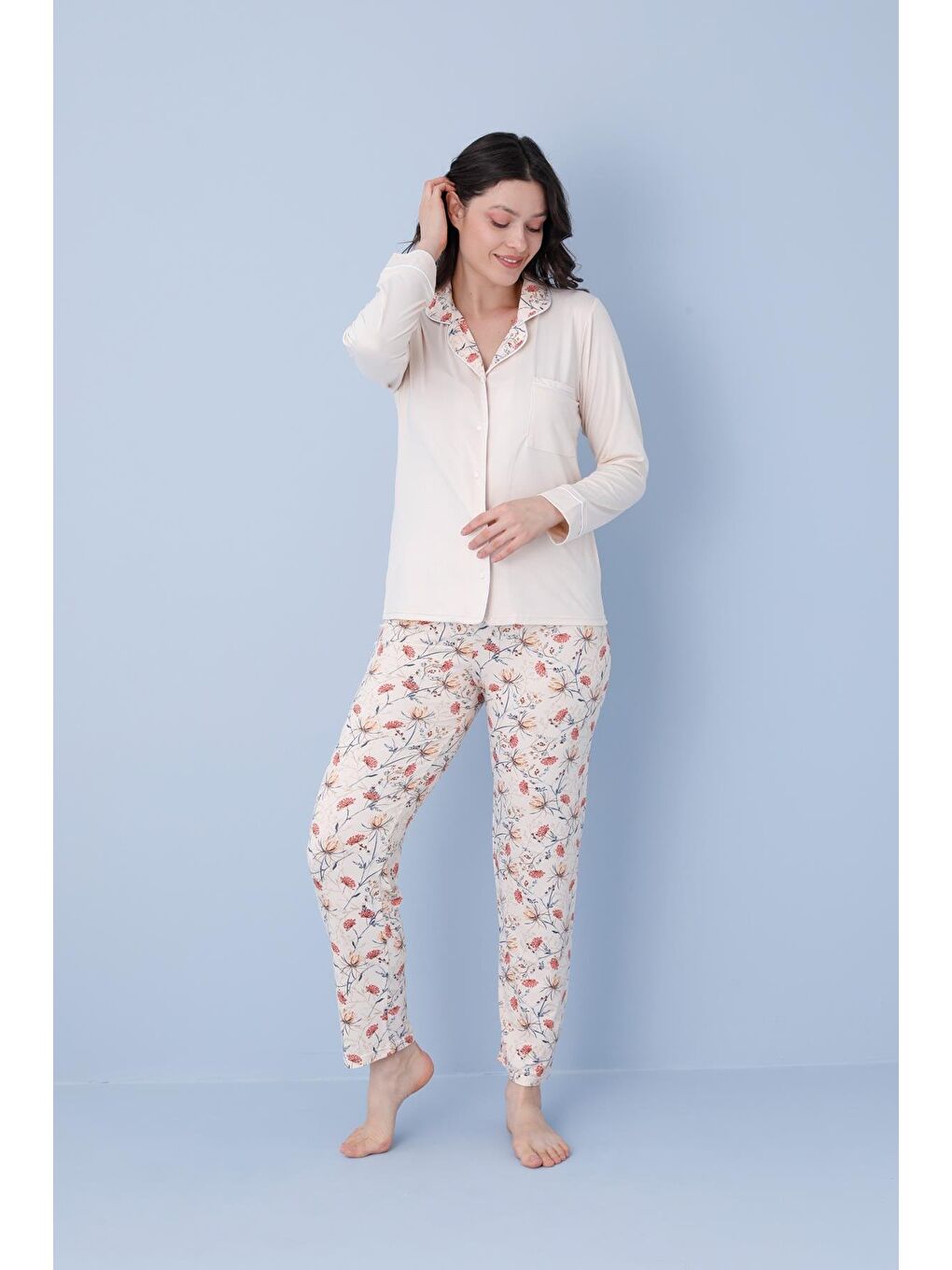 Kadın Milan Genç Önden Düğmeli Pijama Takımı | Bej 50904-1191