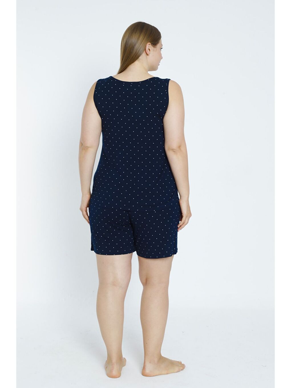 Kadın Puantiyeli Lacivert Büyük Beden Alt Üst Esnek Viskon Gecelik Takımı-4