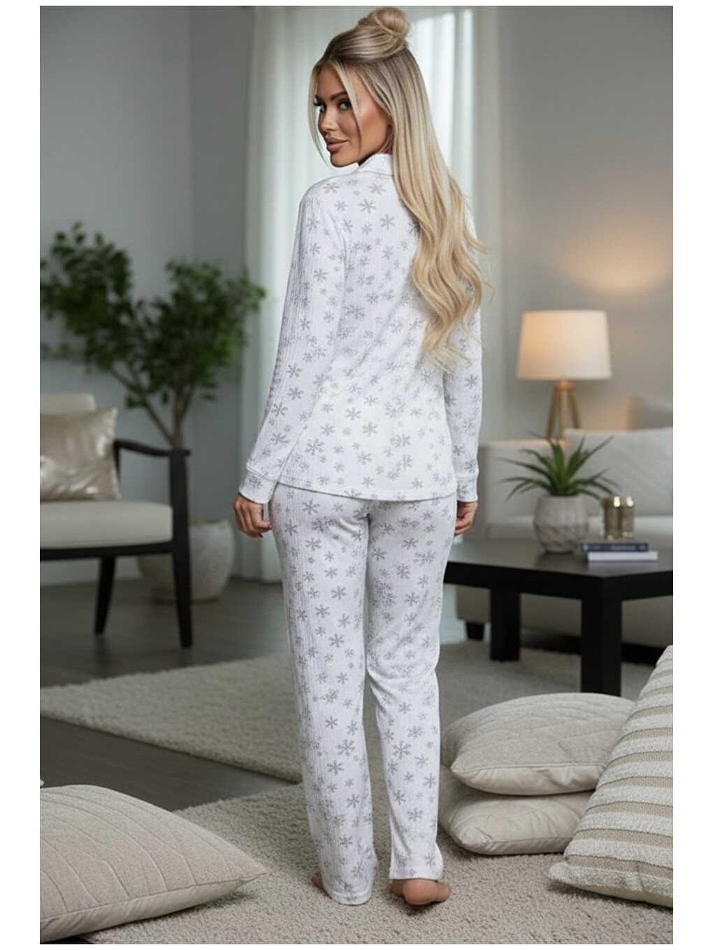 Beyaz Yumuşak Tuşe Kışlık Fitilli Düğmeli Pamuklu Örme Pijama Takım 7980-2
