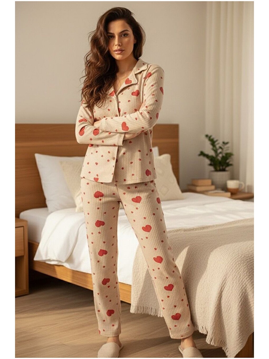 Karışık Yumuşak Tuşe Kışlık Fitilli Düğmeli Pamuklu Örme Pijama Takım 7980-1