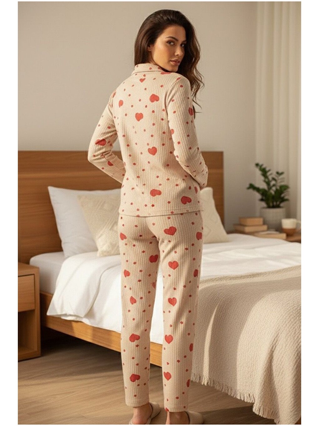 Karışık Yumuşak Tuşe Kışlık Fitilli Düğmeli Pamuklu Örme Pijama Takım 7980-2