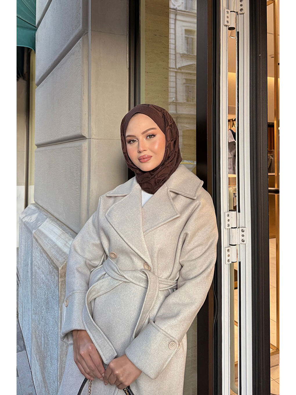 Bej Kadın Kruvaze Yaka Kaşe Kaban Taş-2