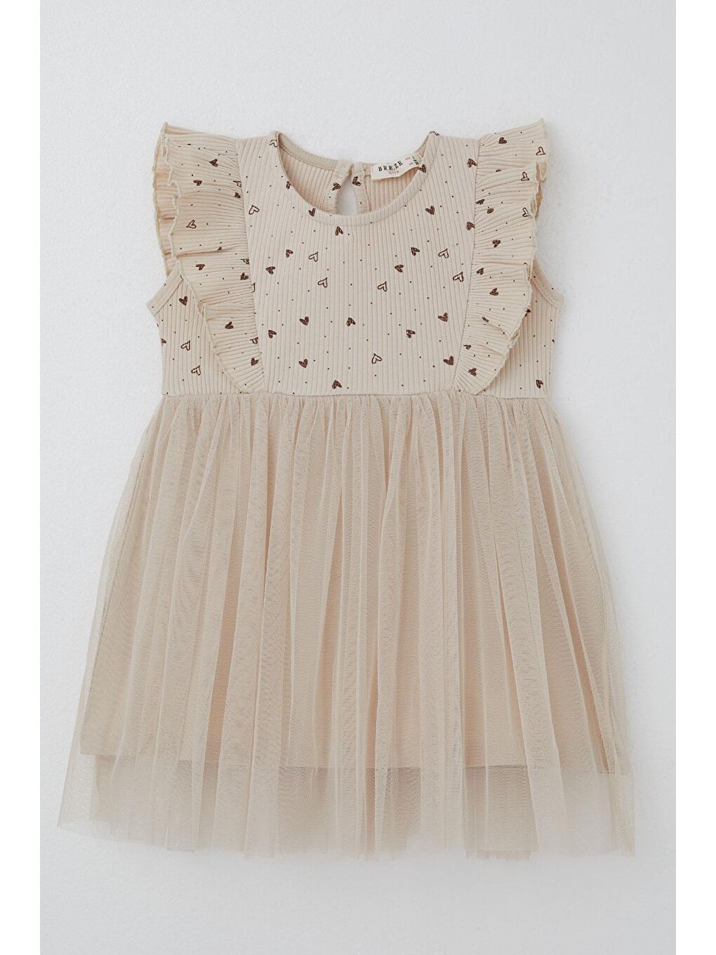 Kız Bebek Elbise Kalp Desenli Tüllü Fırfırlı Bej (9 Ay-3 Yaş)