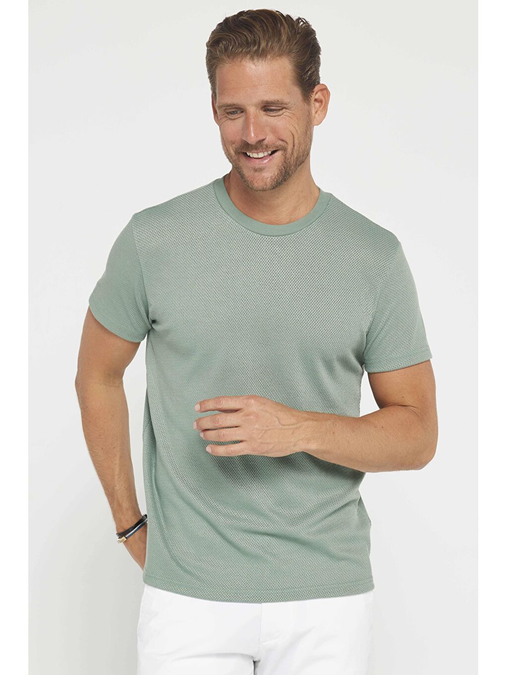 Erkek Slim Fit Dar Kesim Esnek Kumaş Örme Bisiklet Yaka Yeşil Tişört