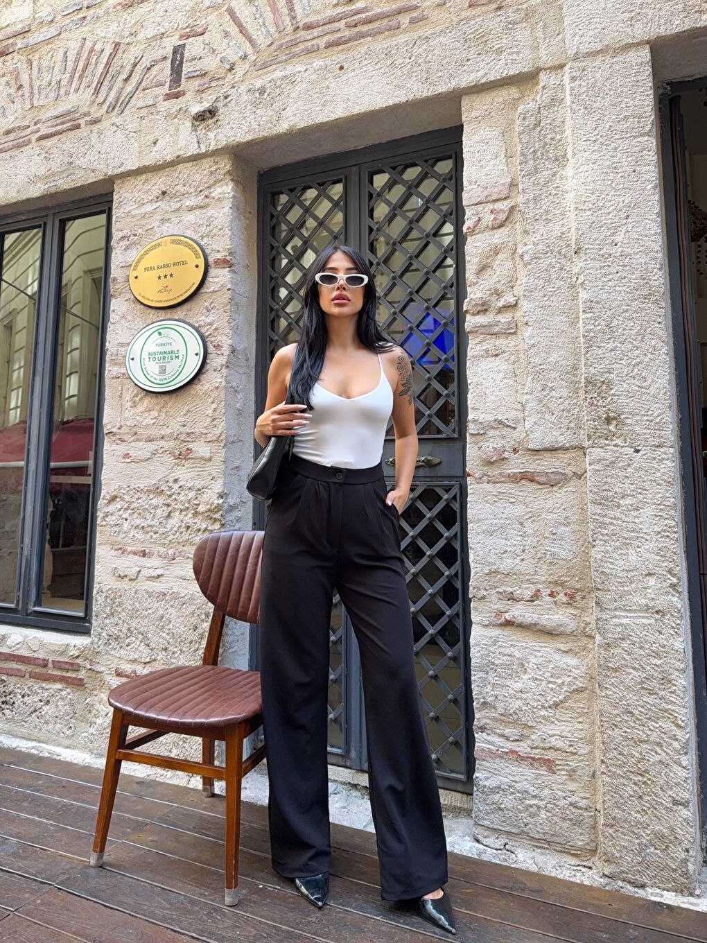 Siyah Çift Pileli Örme Palazzo Pantolon