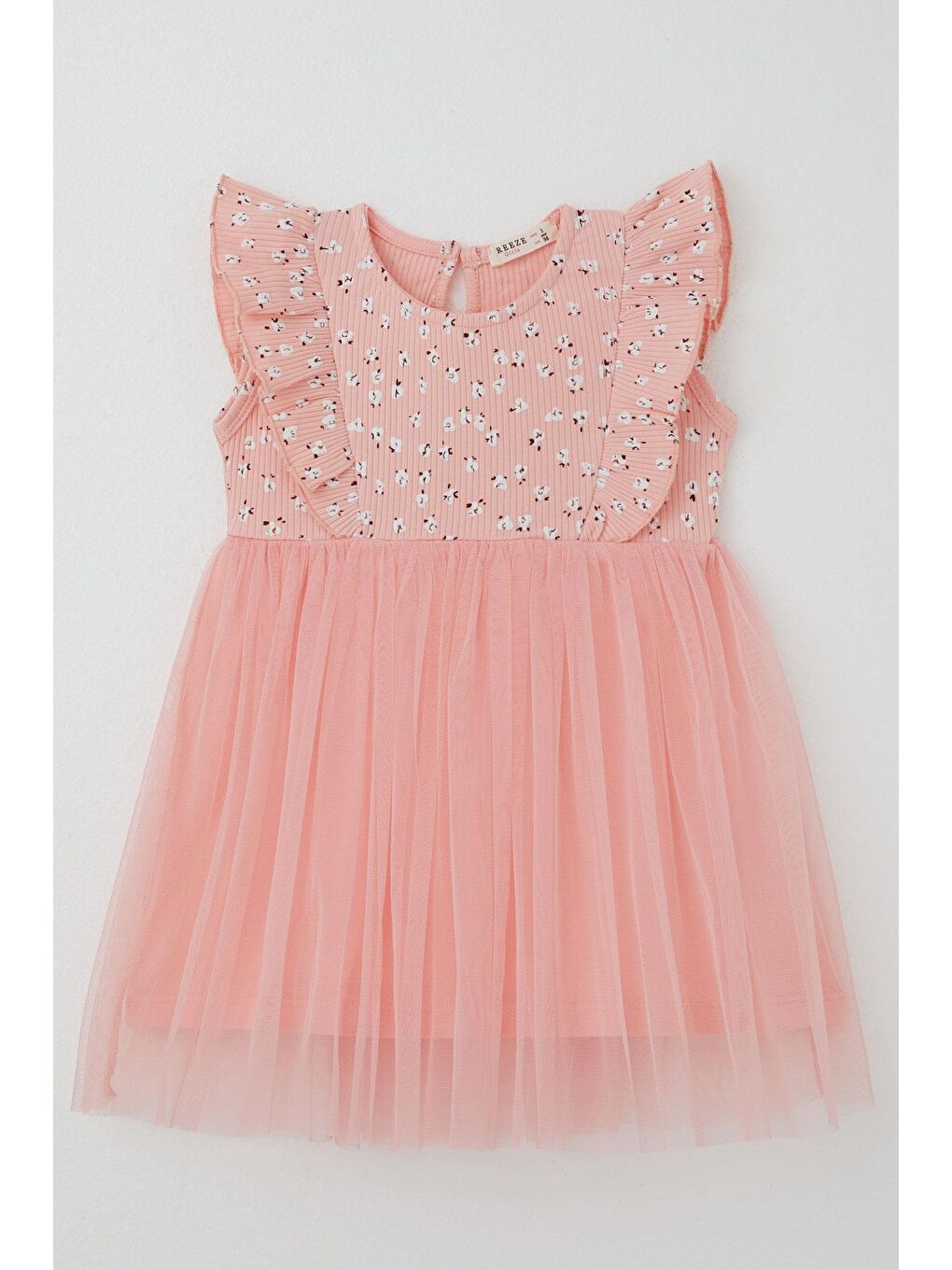 Pembe Kız Bebek Elbise Çiçekli Tüllü Fırfırlı Somon (9 Ay-3 Yaş)