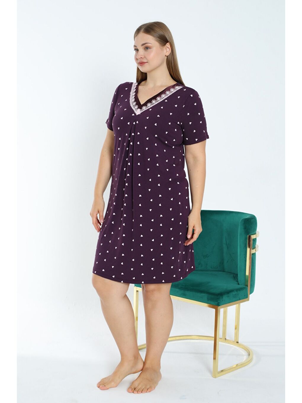 Mor Kalp Desenli Kısa Kollu Satenli Büyük Beden Esnek Viskon Gecelik-1