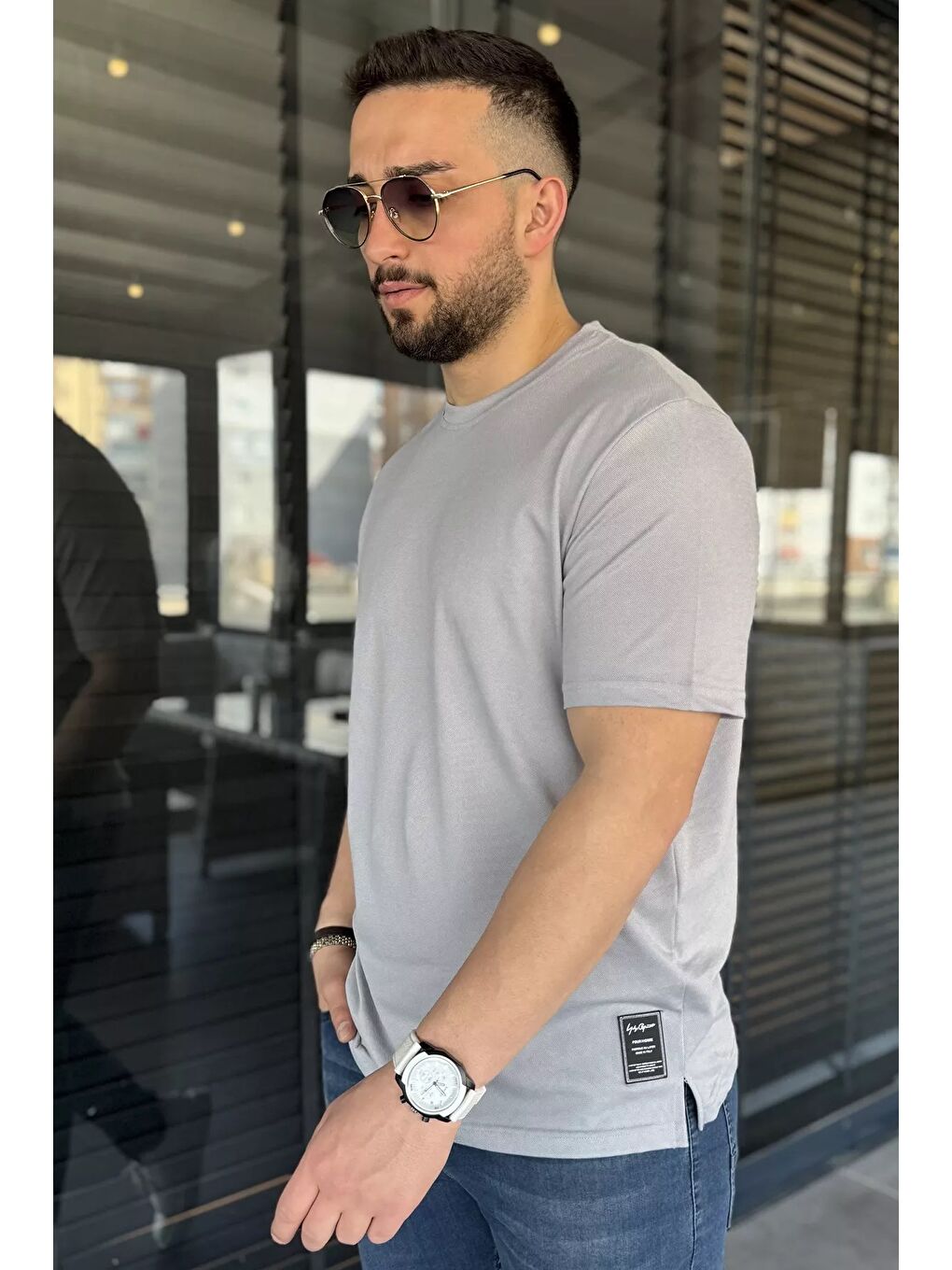 Gri Bisiklet Yaka Basic Erkek Tişört