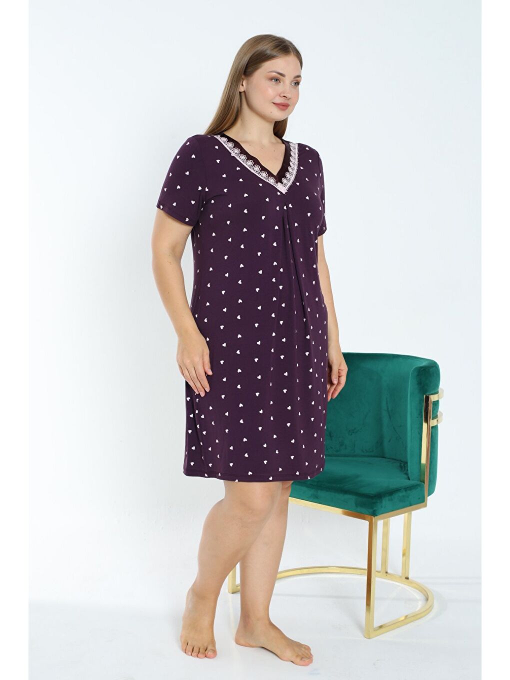 Mor Kalp Desenli Kısa Kollu Satenli Büyük Beden Esnek Viskon Gecelik-2