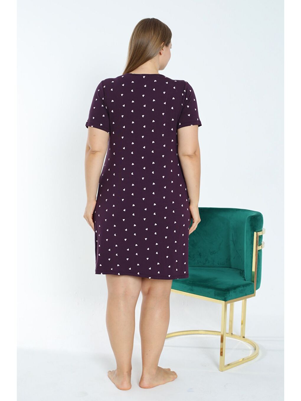 Mor Kalp Desenli Kısa Kollu Satenli Büyük Beden Esnek Viskon Gecelik-4