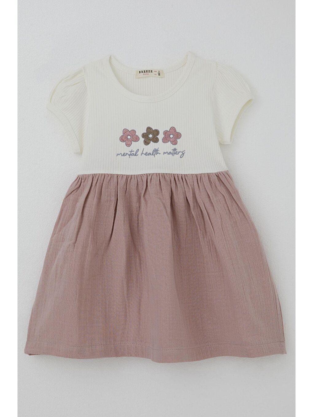 Kız Çocuk Elbise Çiçek & Yazı Nakışlı Ekru (3-5 Yaş)