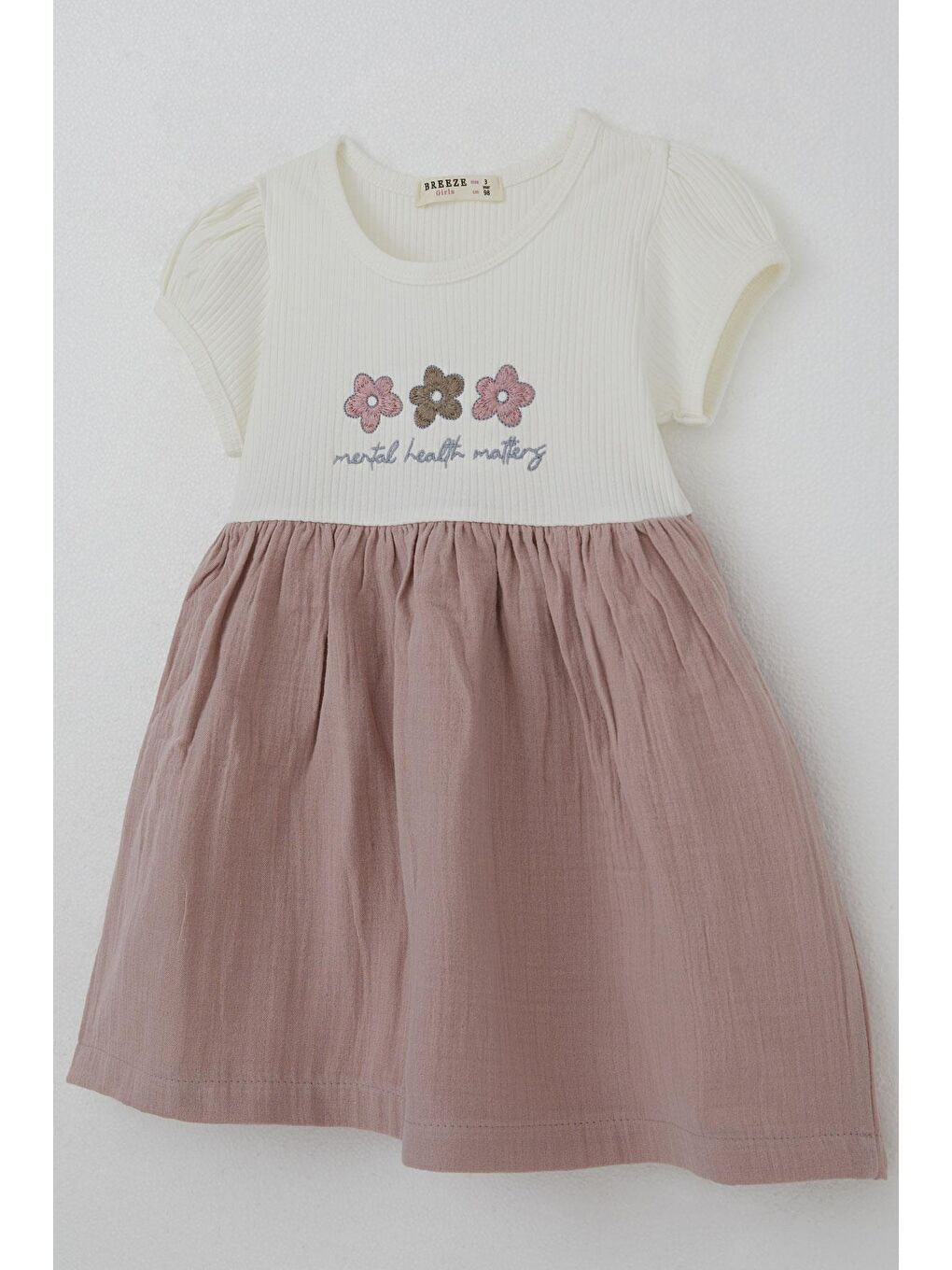 Kız Çocuk Elbise Çiçek & Yazı Nakışlı Ekru (3-5 Yaş)-2