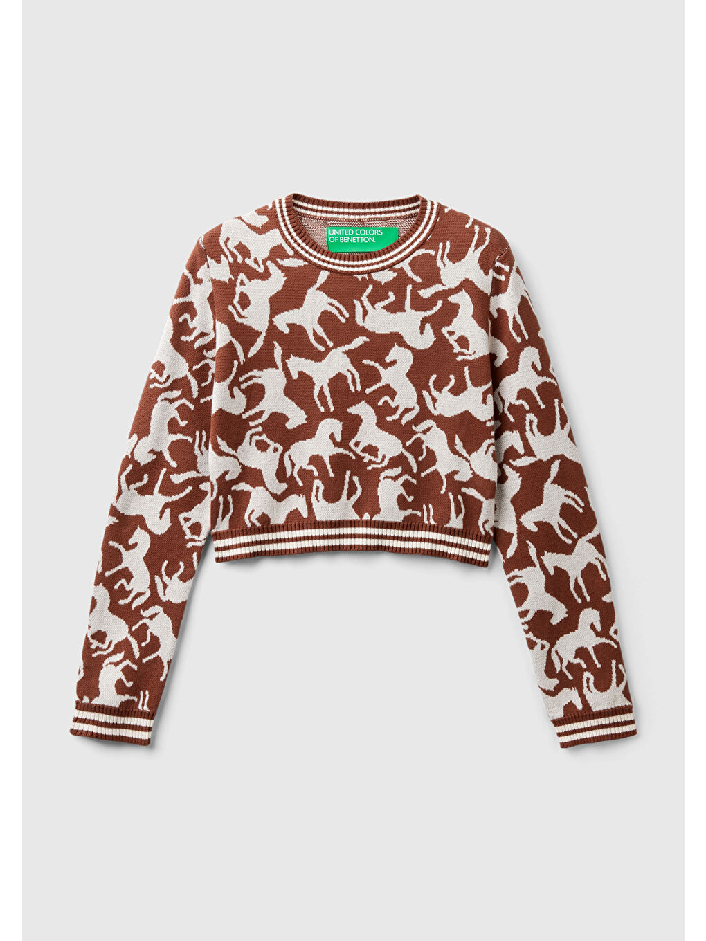 Kadın Kahverengi %100 Pamuk At Desenli Crop Kazak-1