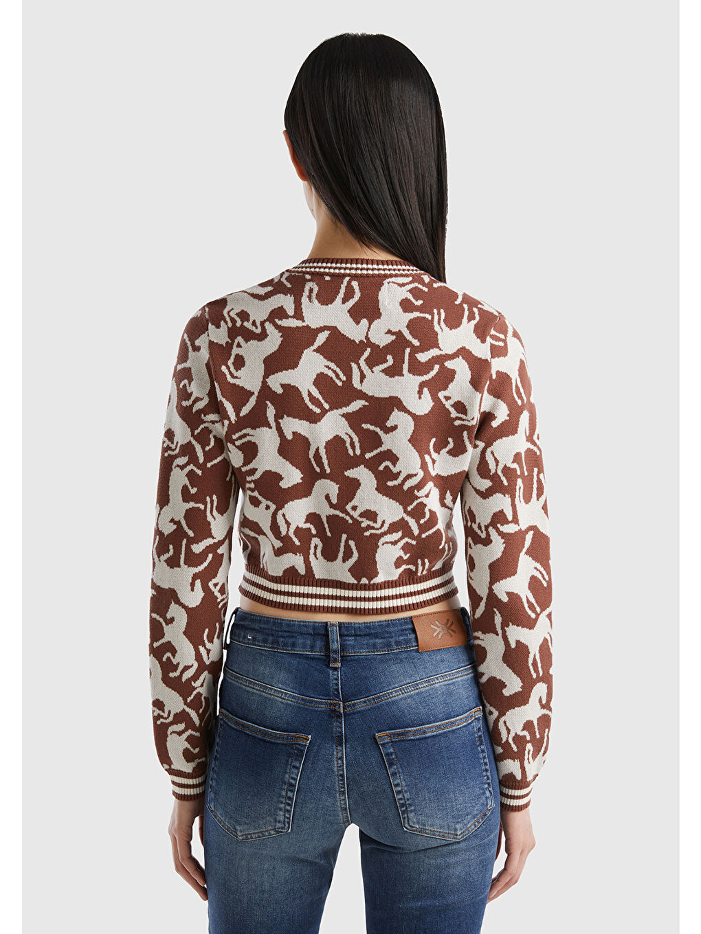 Kadın Kahverengi %100 Pamuk At Desenli Crop Kazak-2