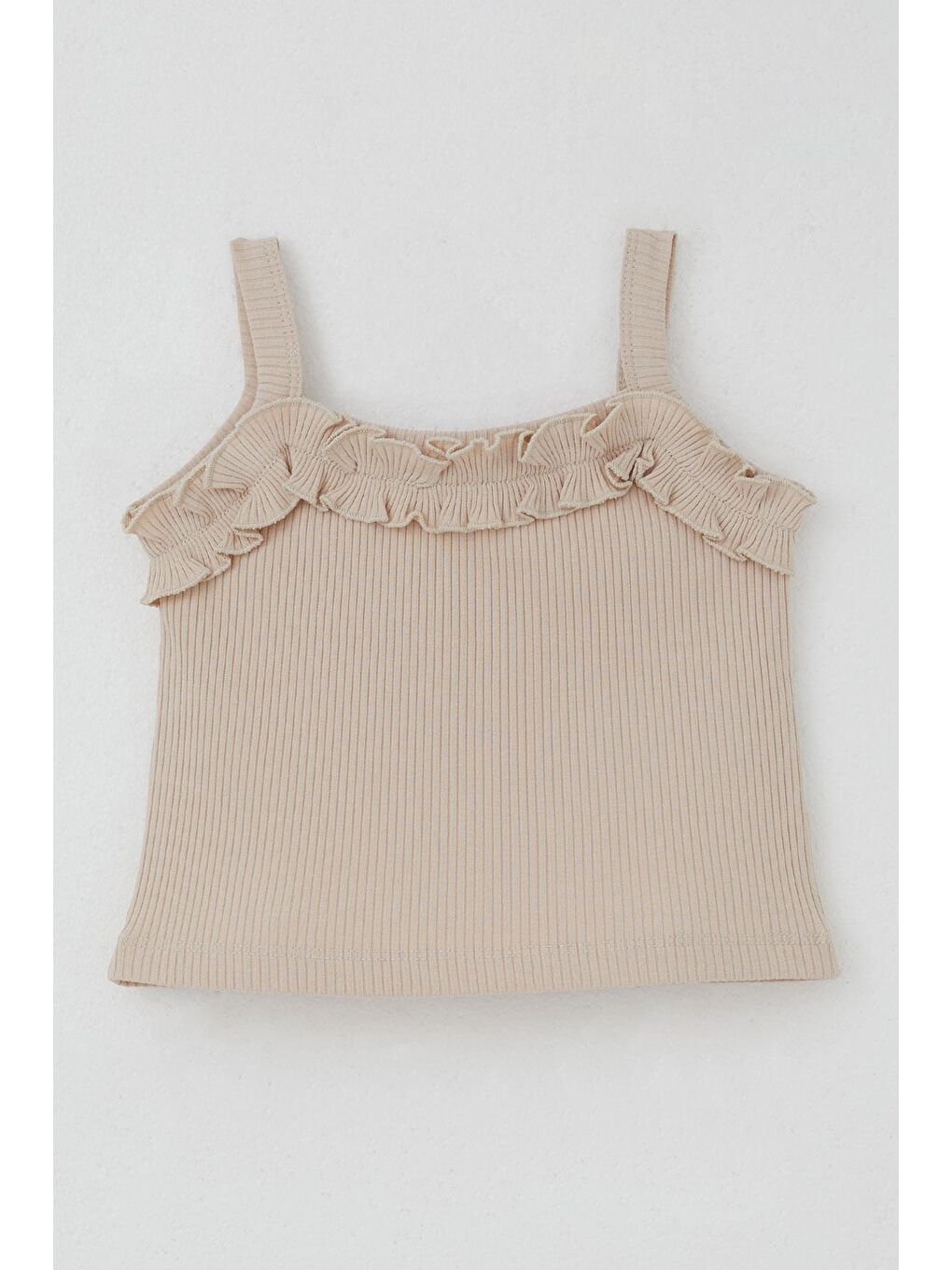 Kız Çocuk Askılı Crop Tişört Fırfır Detaylı Bej (8-14 Yaş)