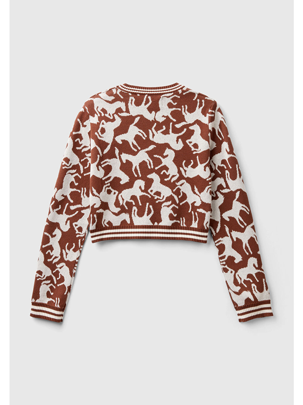 Kadın Kahverengi %100 Pamuk At Desenli Crop Kazak-3