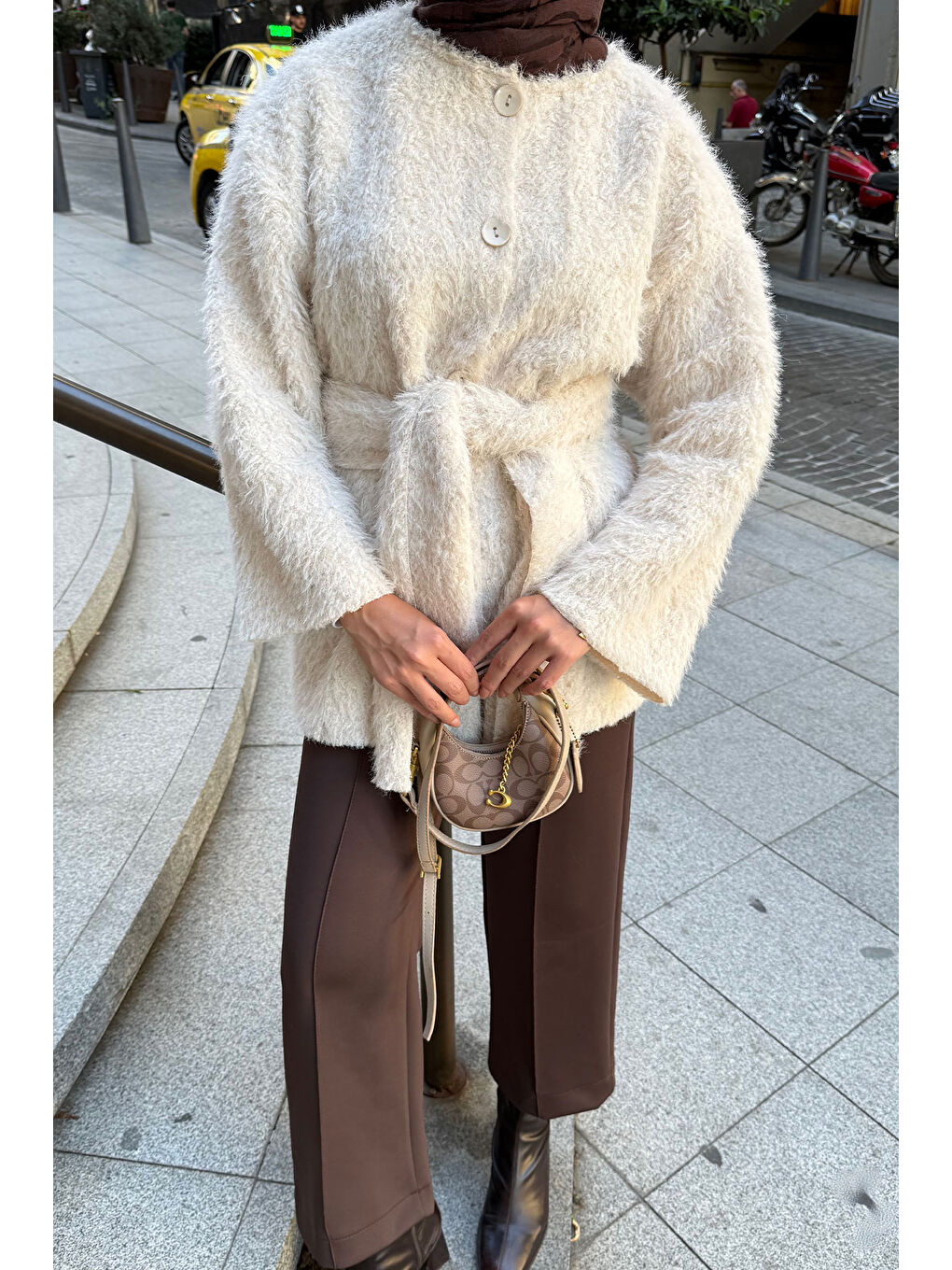 Ekru Kadın Kuşak Detaylı Hırka Krem-4