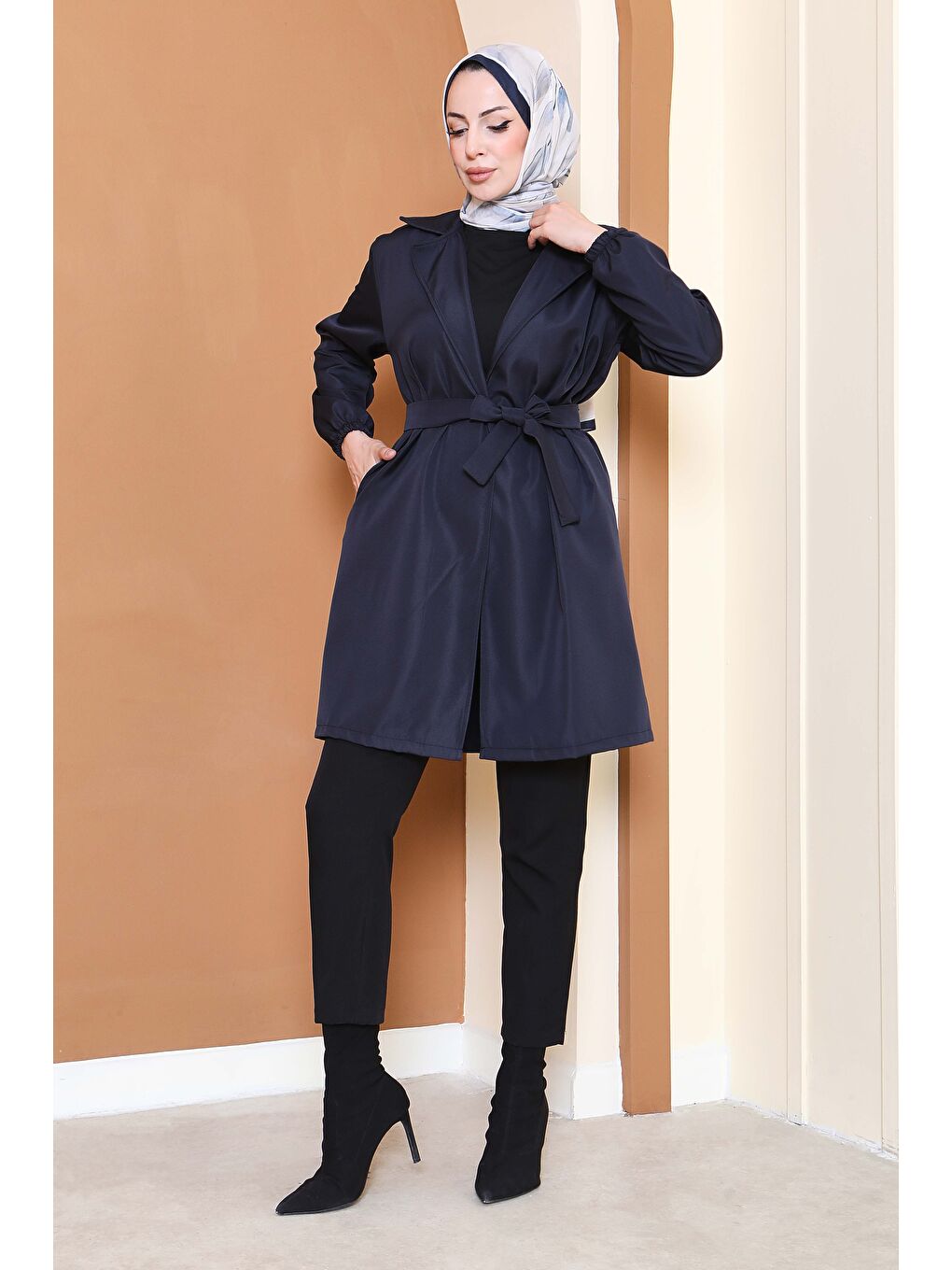 Kuşaklı Kolu Lastikli Miranda Trençkot Lacivert - 27799-LACIVERT-4