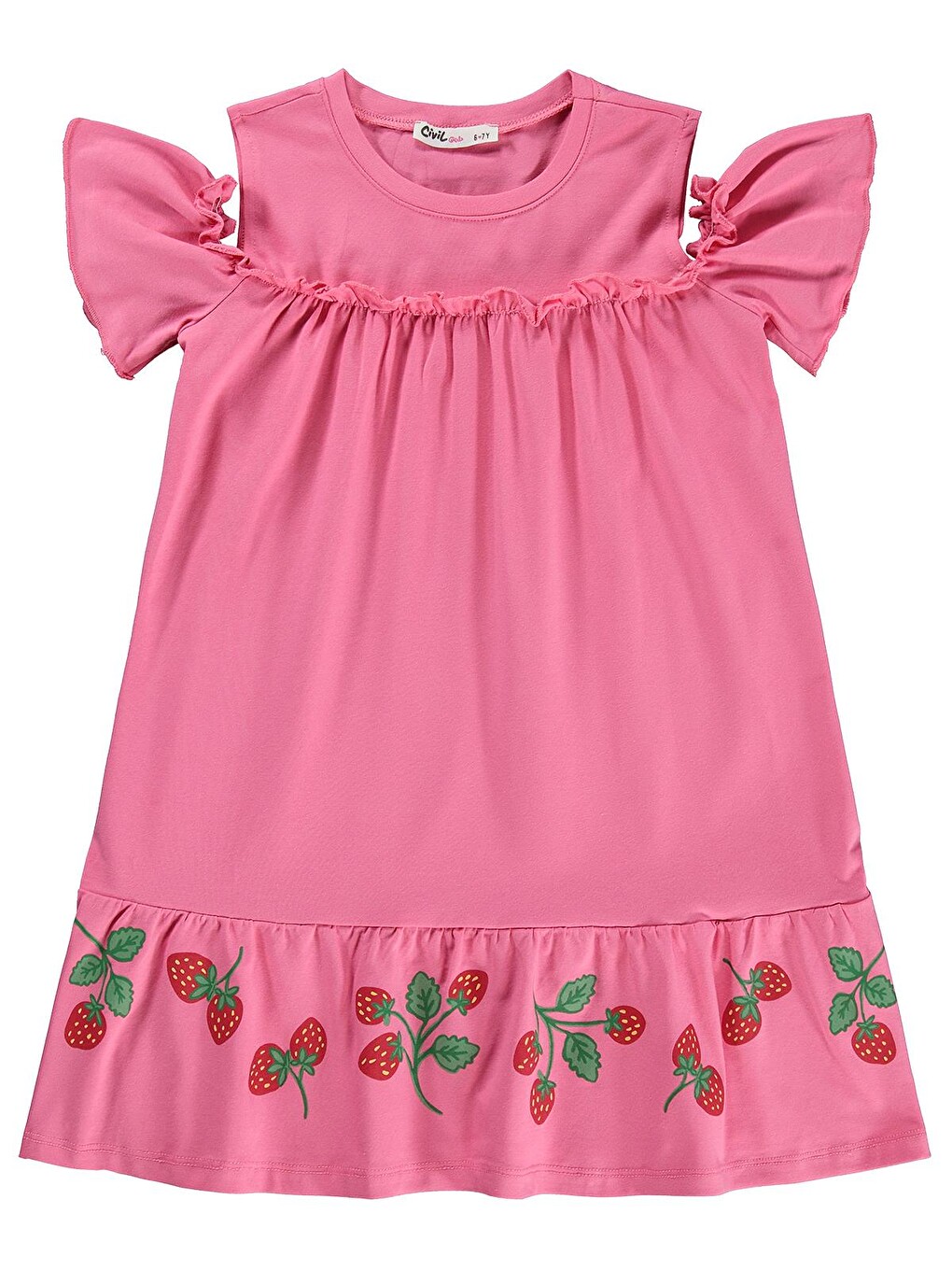 Girls Çilek Desenli 6-9 Yaş Elbise - Pembe