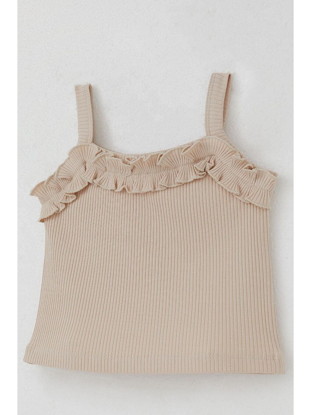 Kız Çocuk Askılı Crop Tişört Fırfır Detaylı Bej (8-14 Yaş)-2