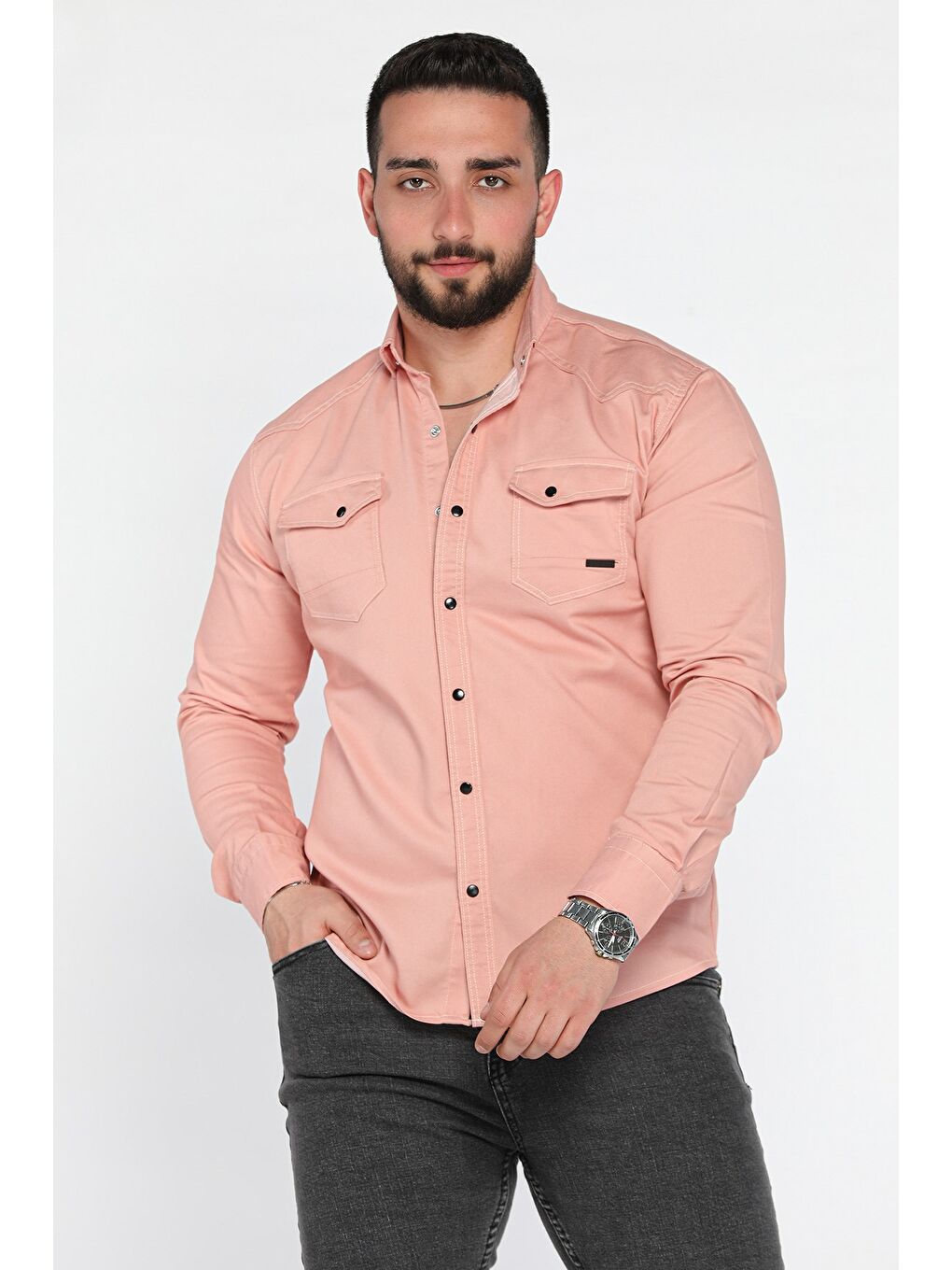 Pembe Erkek Cepli Çıtçıtlı Uzun Kol Gömlek