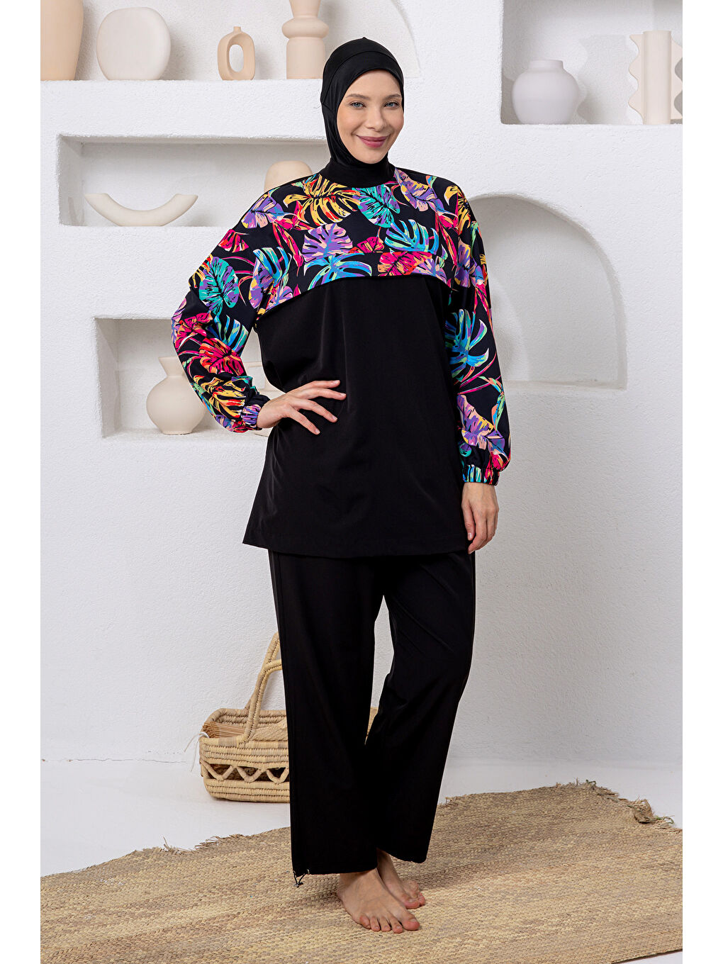 Büyük Beden UV Korumalı Spor Elastan Tam Kapalı Tesettür Mayo 1809 Siyah