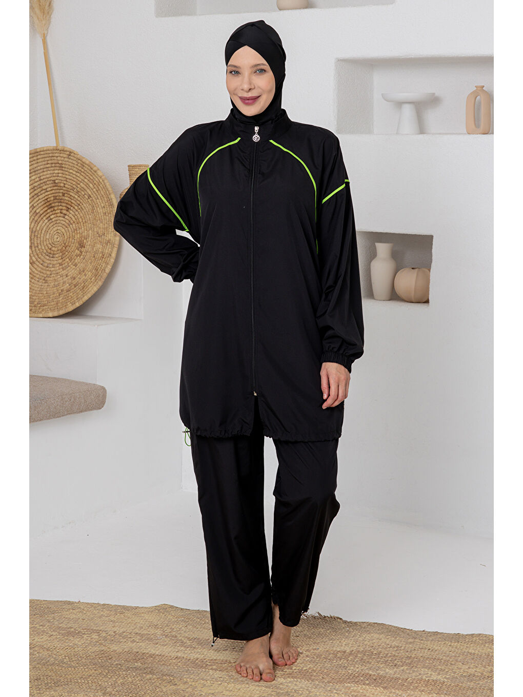 UV Korumalı Büyük Beden Spor Elastanlı Tam Kapalı Tesettür Mayo 1805 Siyah05-1