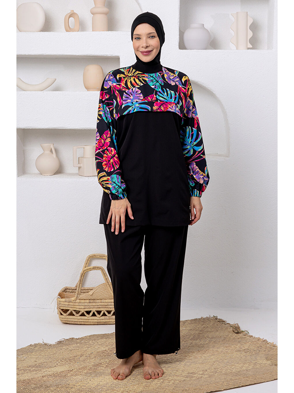 Büyük Beden UV Korumalı Spor Elastan Tam Kapalı Tesettür Mayo 1809 Siyah-1