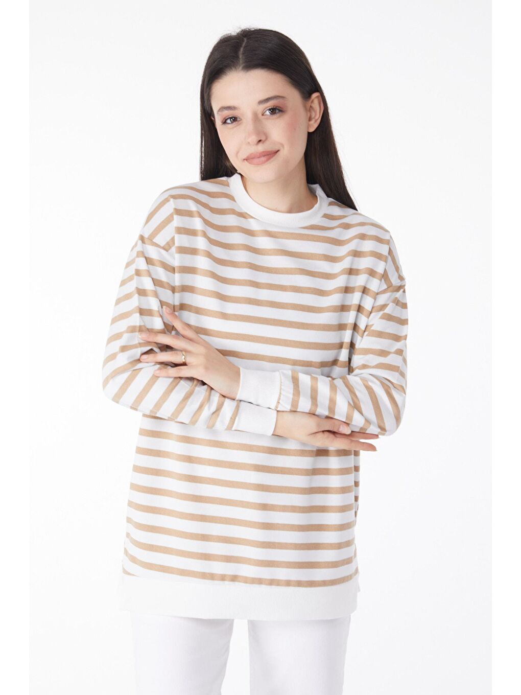 Bisiklet Yaka Kadın Bej Çizgili Tunik - 23891-1