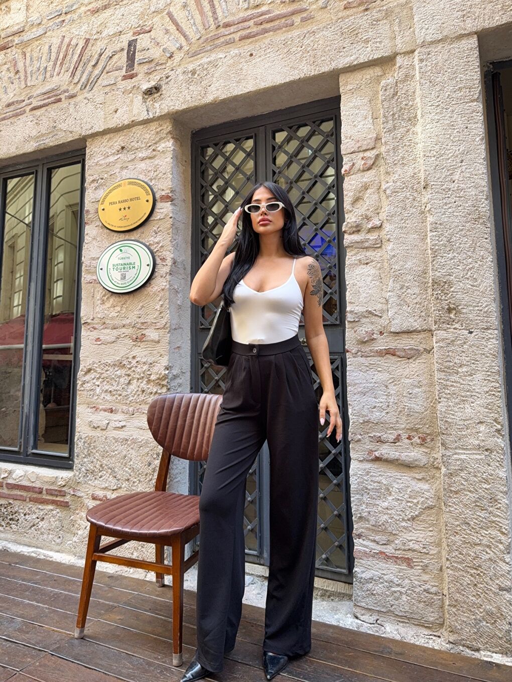 Siyah Çift Pileli Örme Palazzo Pantolon-1