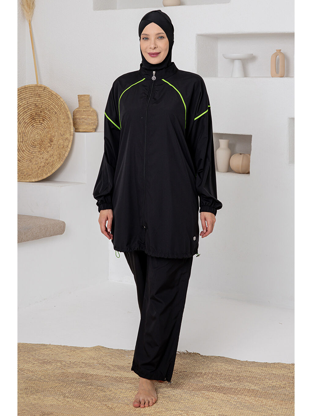 UV Korumalı Büyük Beden Spor Elastanlı Tam Kapalı Tesettür Mayo 1805 Siyah05-2