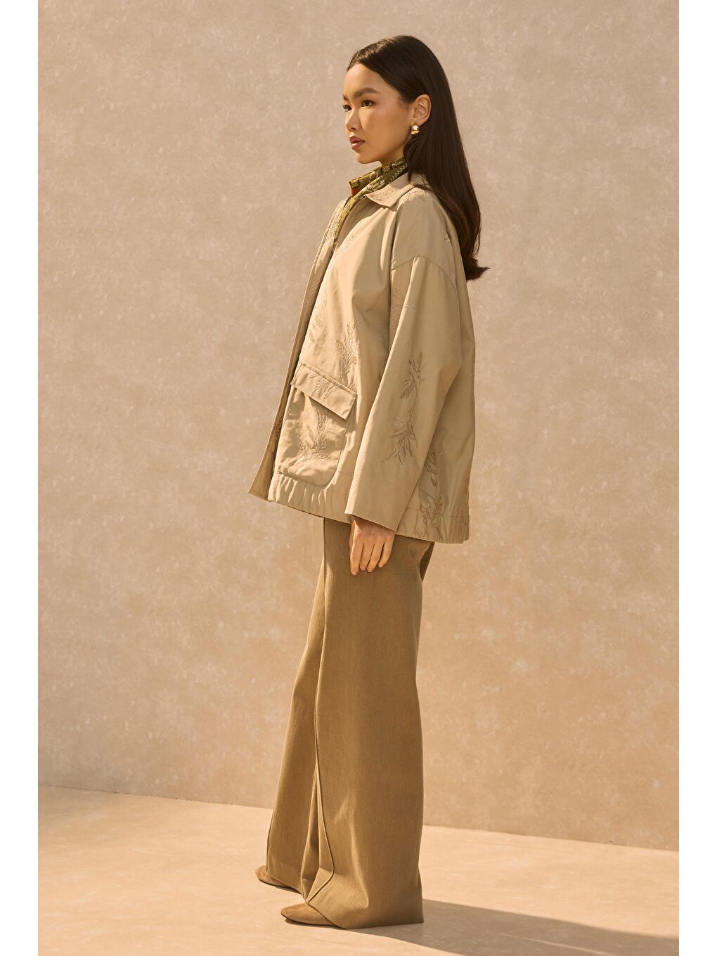 Ekru Nakışlı Bomber Ceket Kum Beji-2