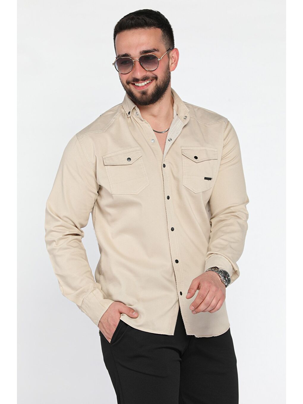 Bej Erkek Cepli Çıtçıtlı Uzun Kol Gömlek-1