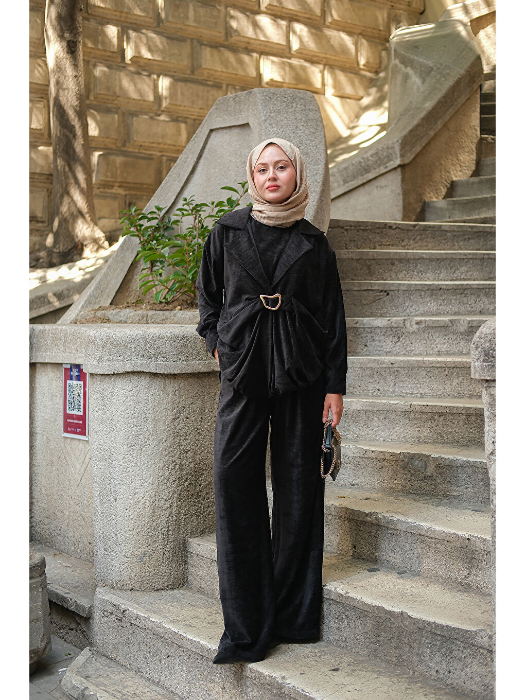 Kadın Musleya Önü Pile Detay Süet Takım Siyah-4