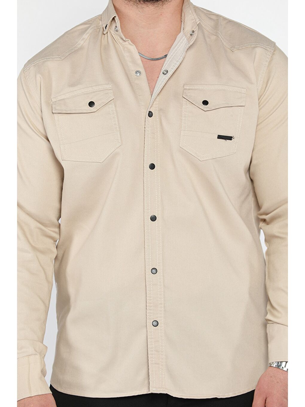 Bej Erkek Cepli Çıtçıtlı Uzun Kol Gömlek-3
