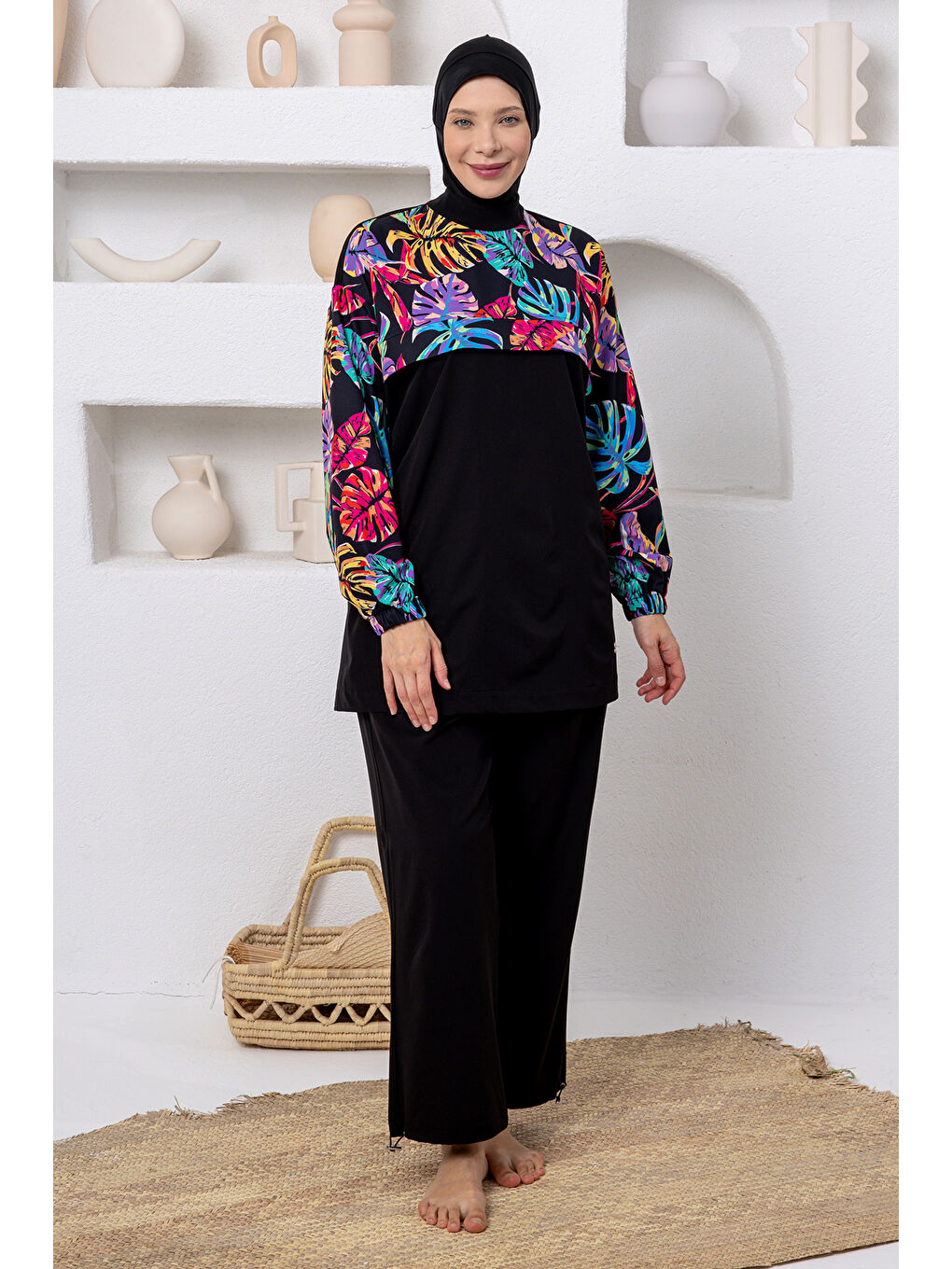 Büyük Beden UV Korumalı Spor Elastan Tam Kapalı Tesettür Mayo 1809 Siyah-2