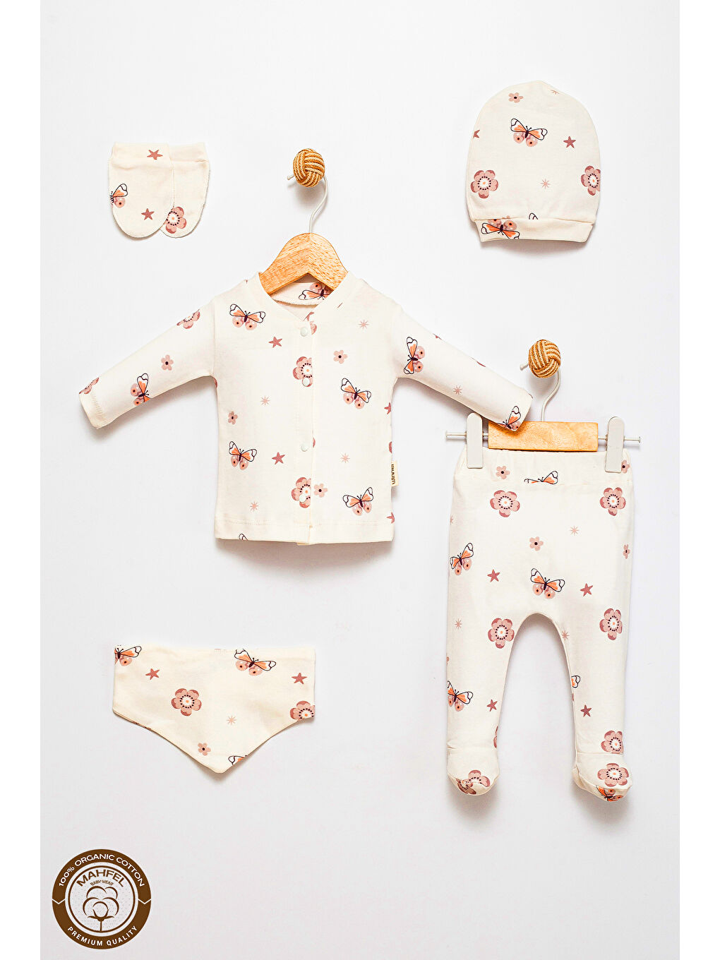 Lila Pamuklu 5 li Yenidoğan Kelebek Çiçekli Baskılı Hastane Çıkışı Seti