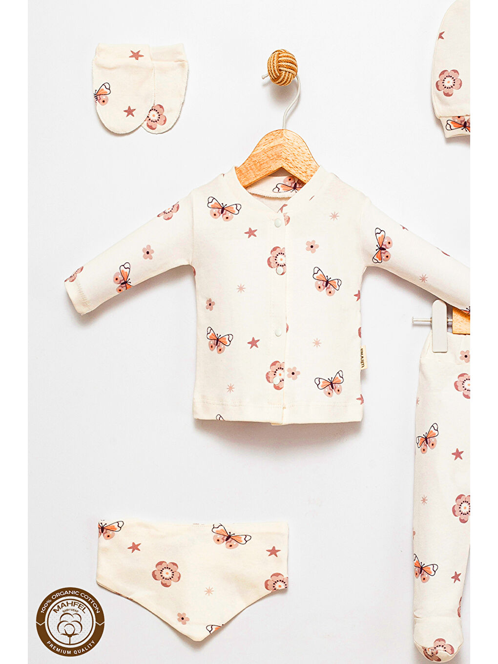 Lila Pamuklu 5 li Yenidoğan Kelebek Çiçekli Baskılı Hastane Çıkışı Seti-1