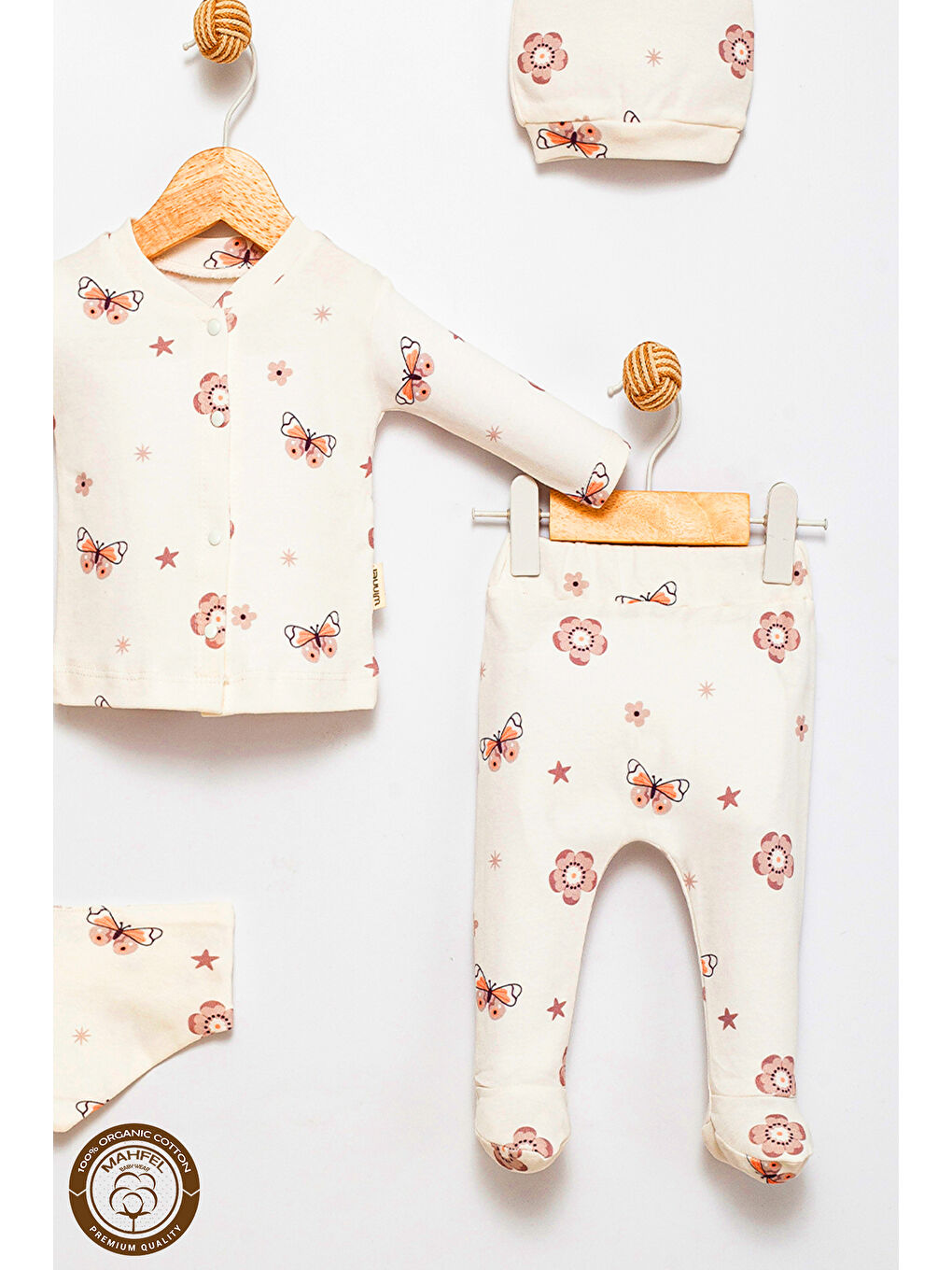 Lila Pamuklu 5 li Yenidoğan Kelebek Çiçekli Baskılı Hastane Çıkışı Seti-2