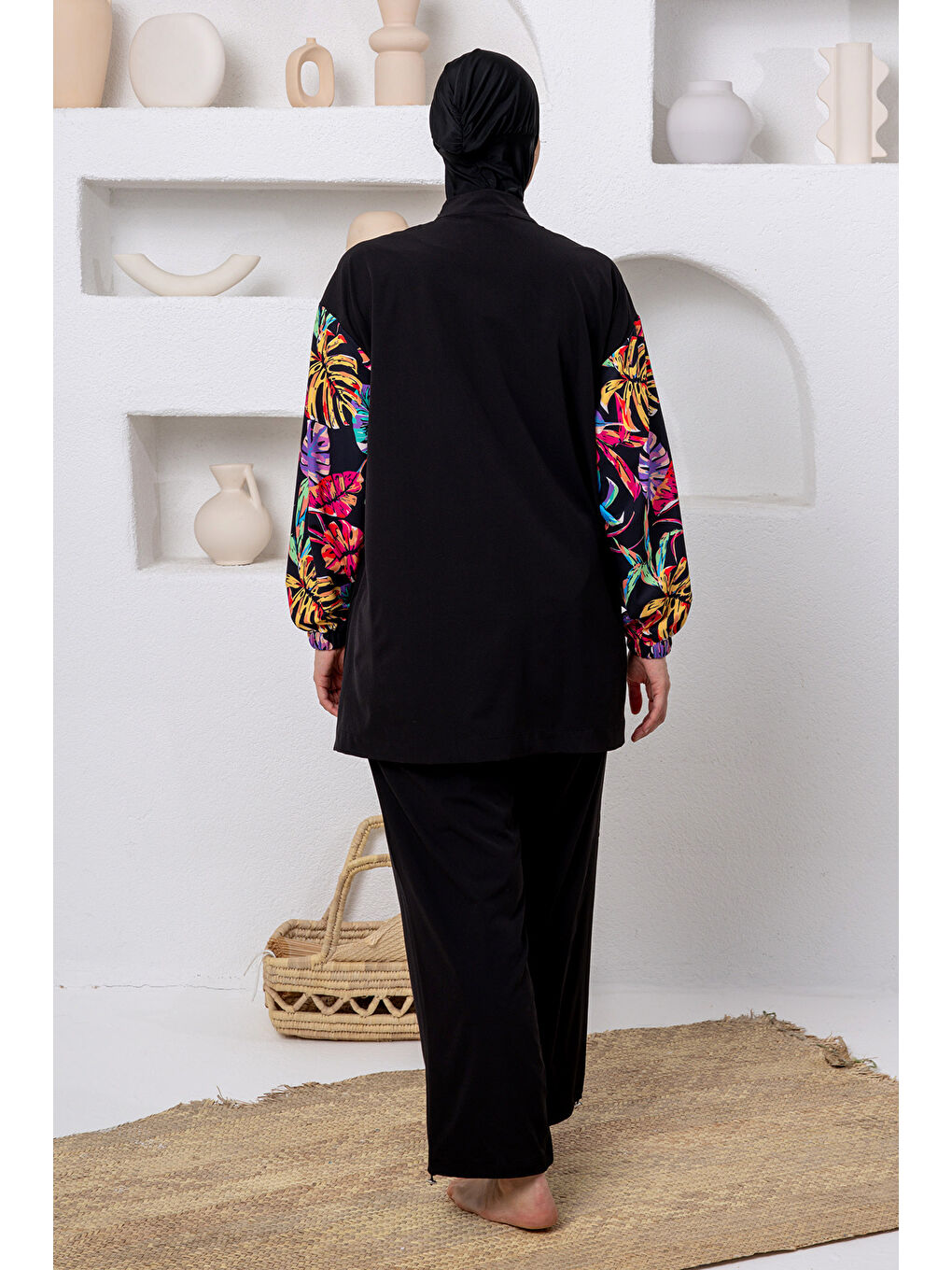 Büyük Beden UV Korumalı Spor Elastan Tam Kapalı Tesettür Mayo 1809 Siyah-3