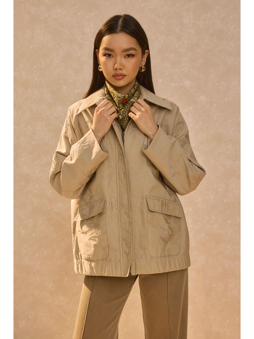 Ekru Nakışlı Bomber Ceket Kum Beji-4