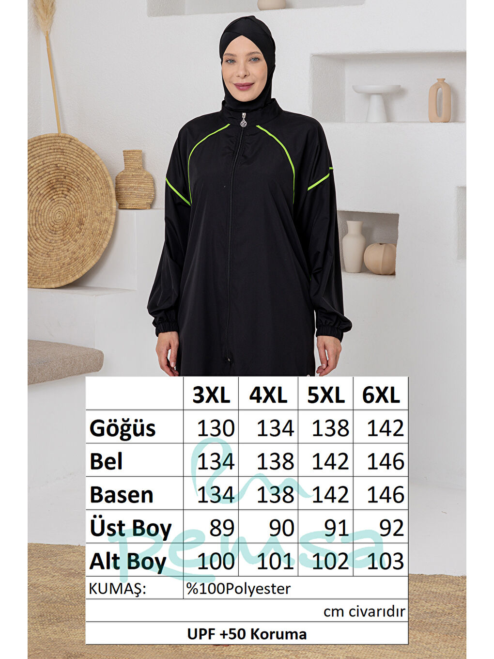 UV Korumalı Büyük Beden Spor Elastanlı Tam Kapalı Tesettür Mayo 1805 Siyah05-4