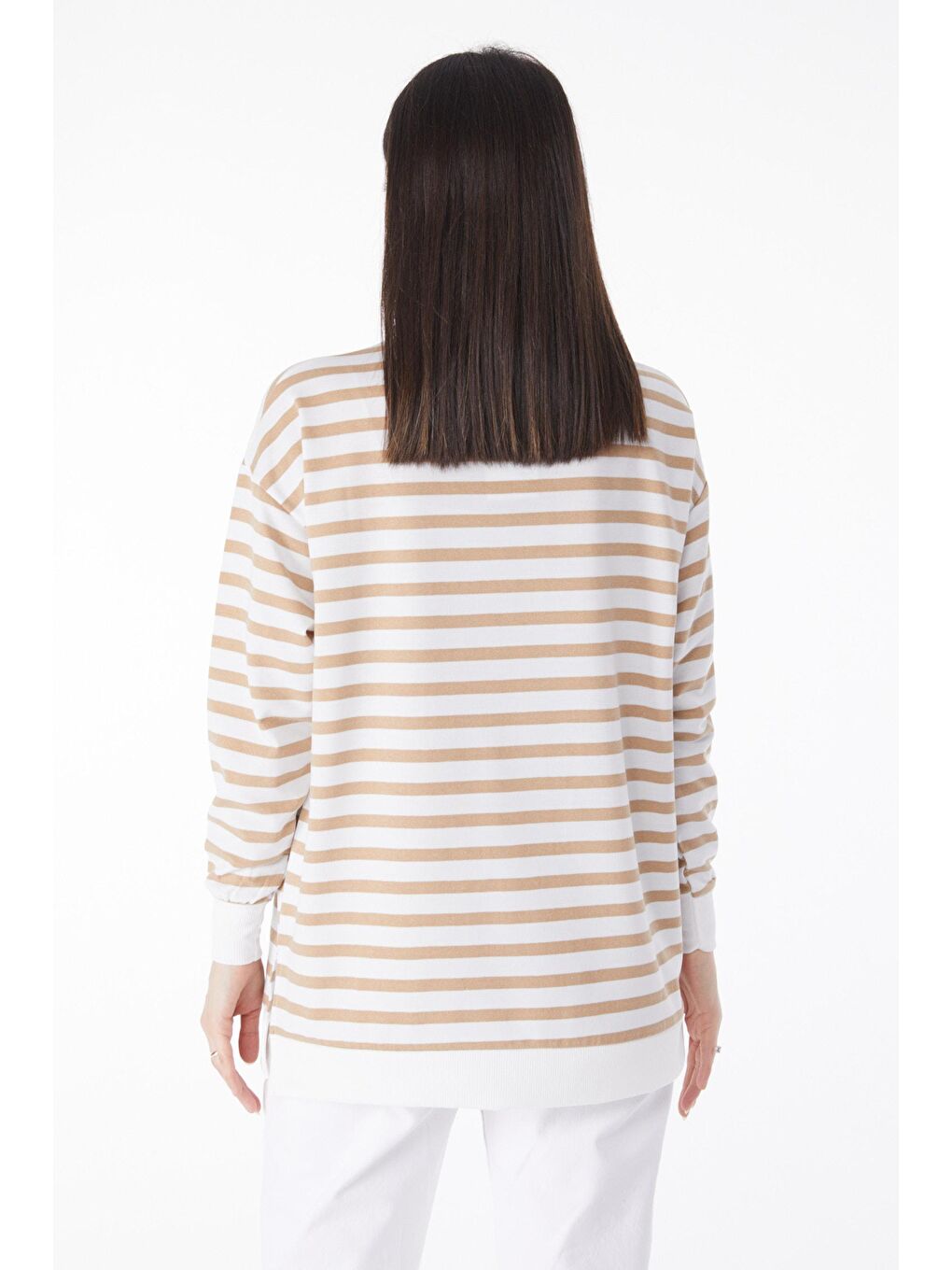 Bisiklet Yaka Kadın Bej Çizgili Tunik - 23891-4