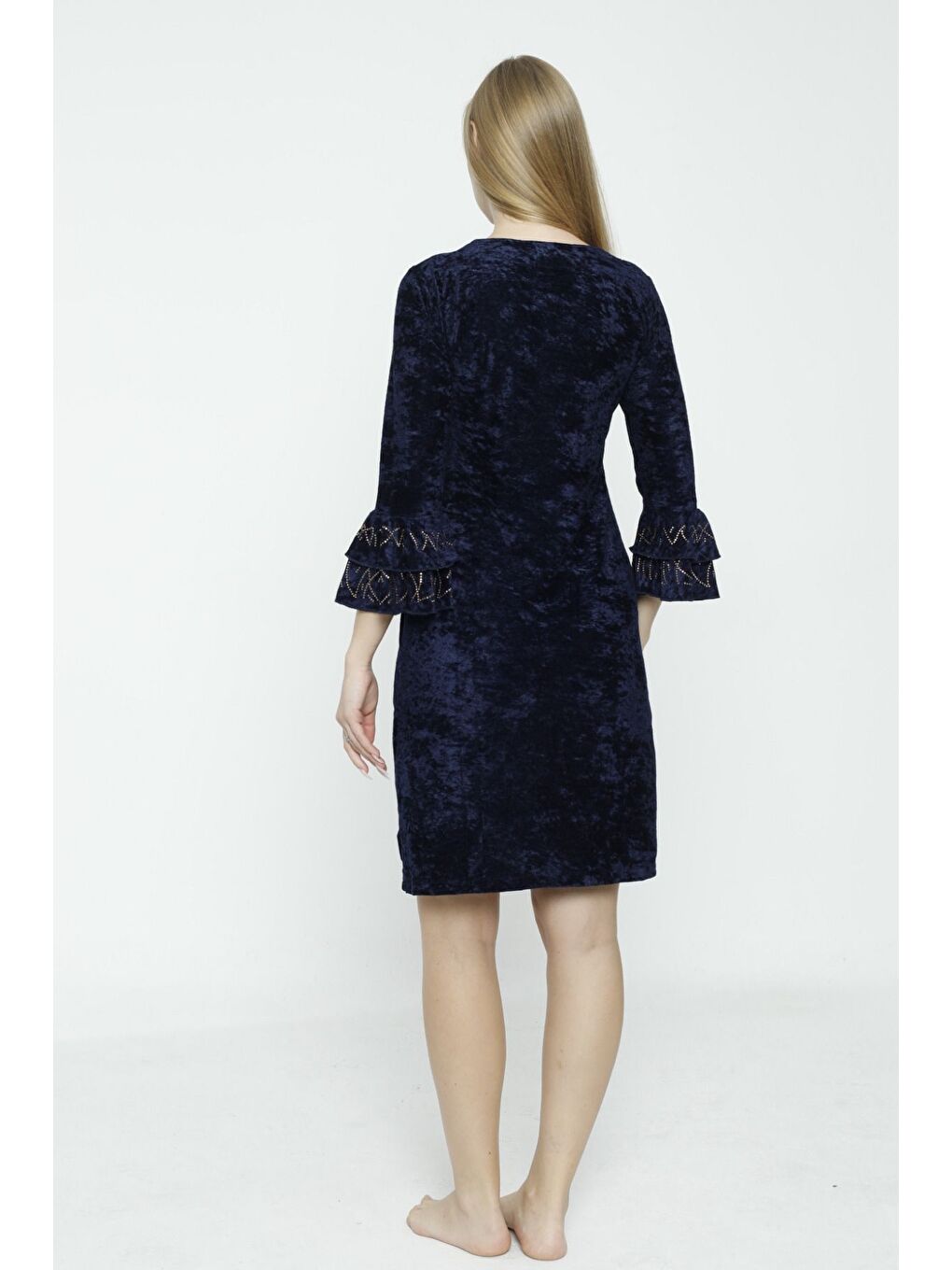 Lacivert V Yaka Taş Detaylı Balon Kollu Kadife Elbise-4
