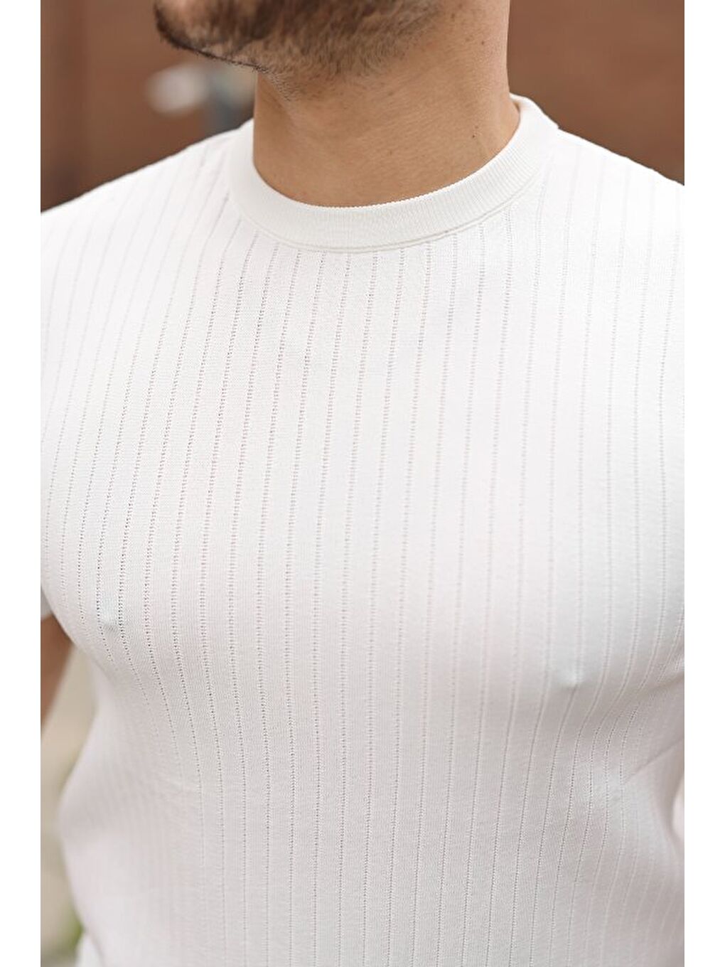 Beyaz Erkek Fitilli Bisiklet Yaka Triko Tişört-2