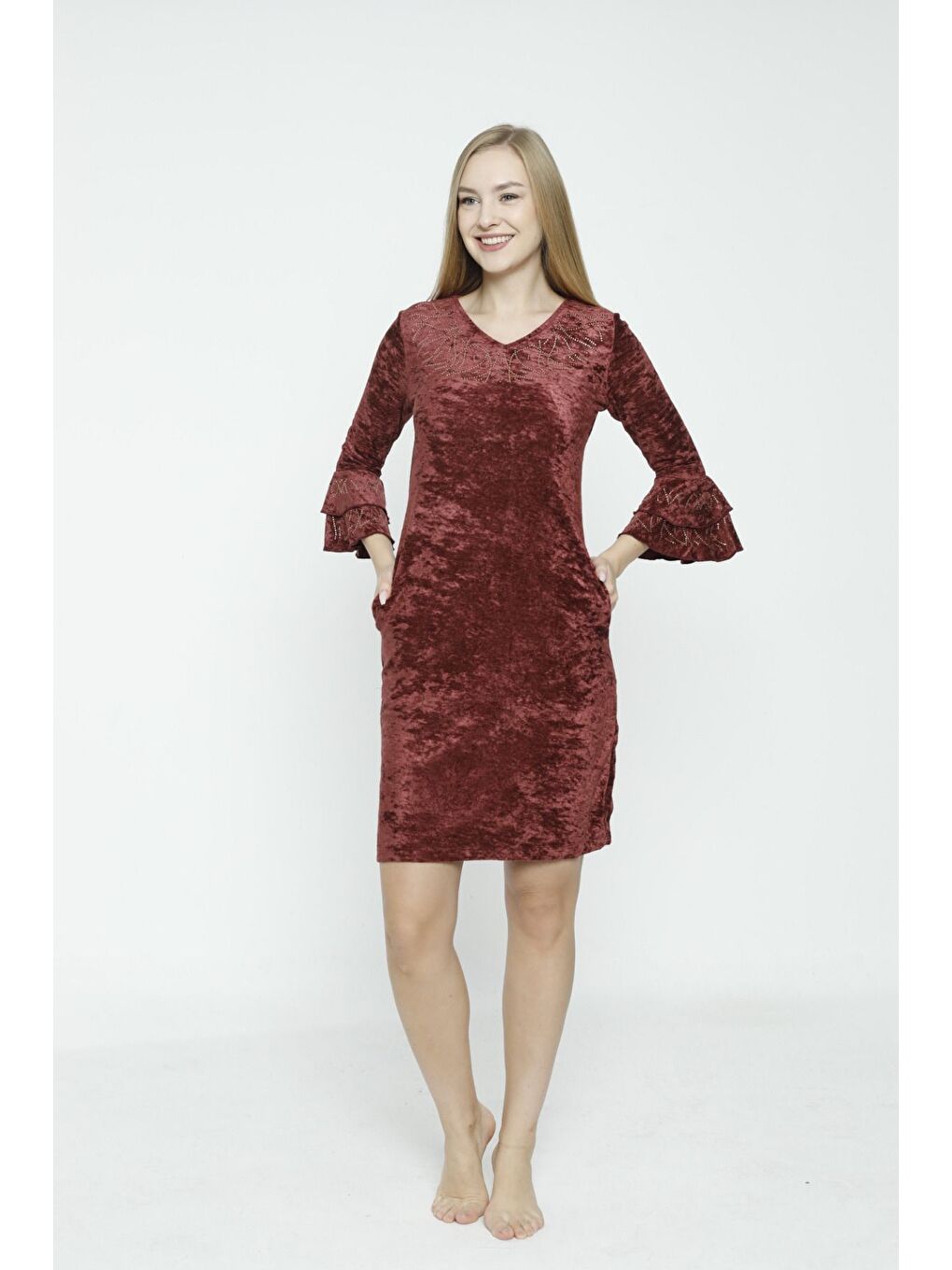 Bordo Lacivert V Yaka Taş Detaylı Balon Kollu Kadife Elbise-2